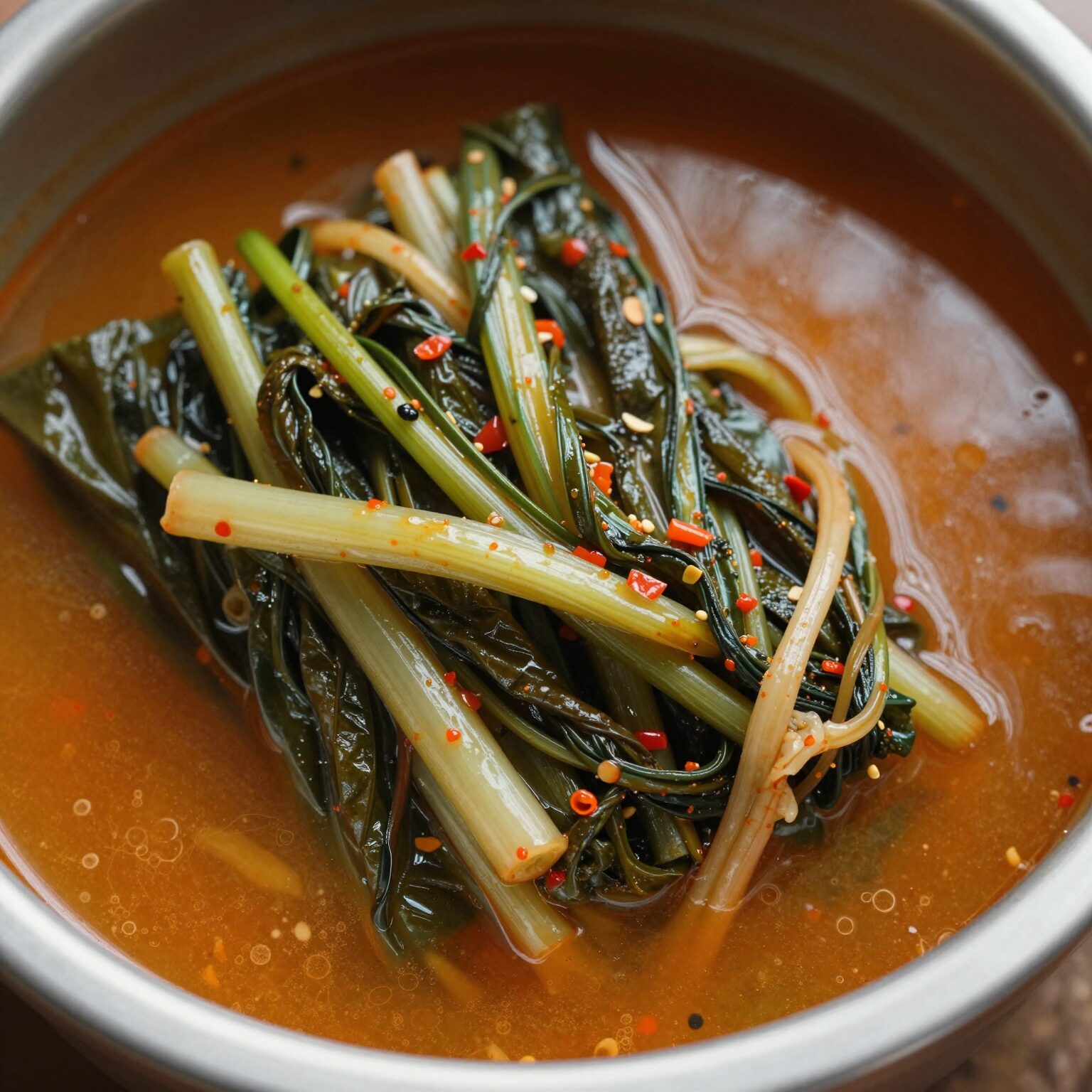 완성된 열무물김치를 그릇에 담아낸 사진으로 국물이 시원하게 보인다