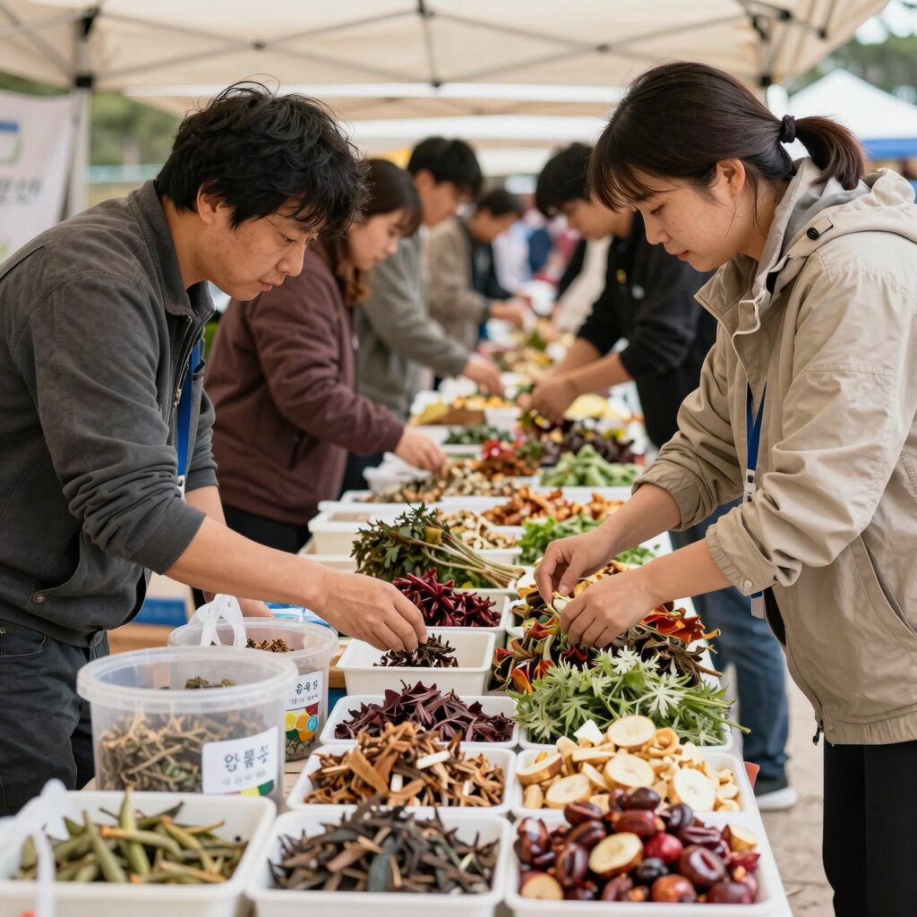 양평 용문산 산나물축제 현장의 활기찬 장터와 다양한 산나물 판매 모습