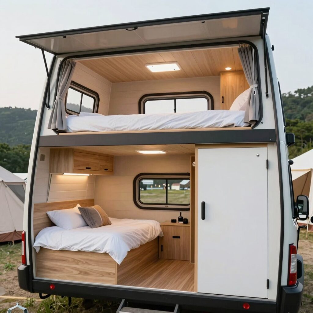 화순 영벽정오토캠핑장 카라반 내부, 깔끔한 인테리어와 2층 침실 구조