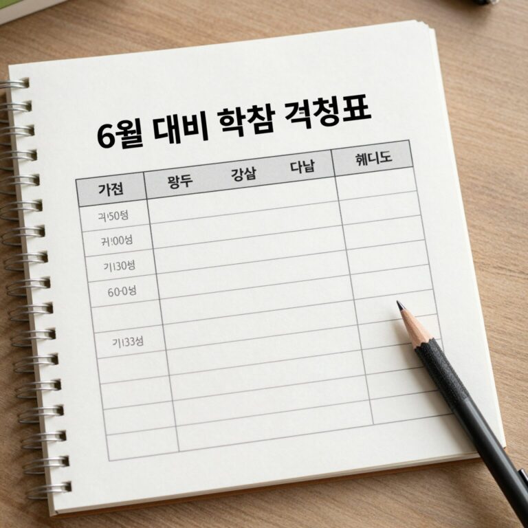 6월 모고 대비 학습 계획표 테이블 위에 펼쳐진 노트와 연필