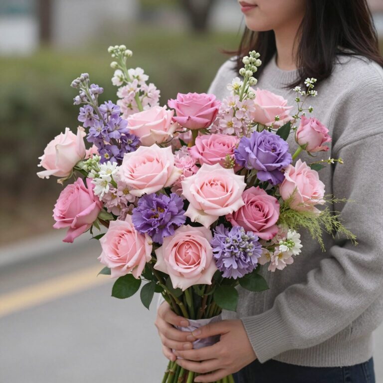 성년의날 꽃다발 예시 핑크와 보라 혼합