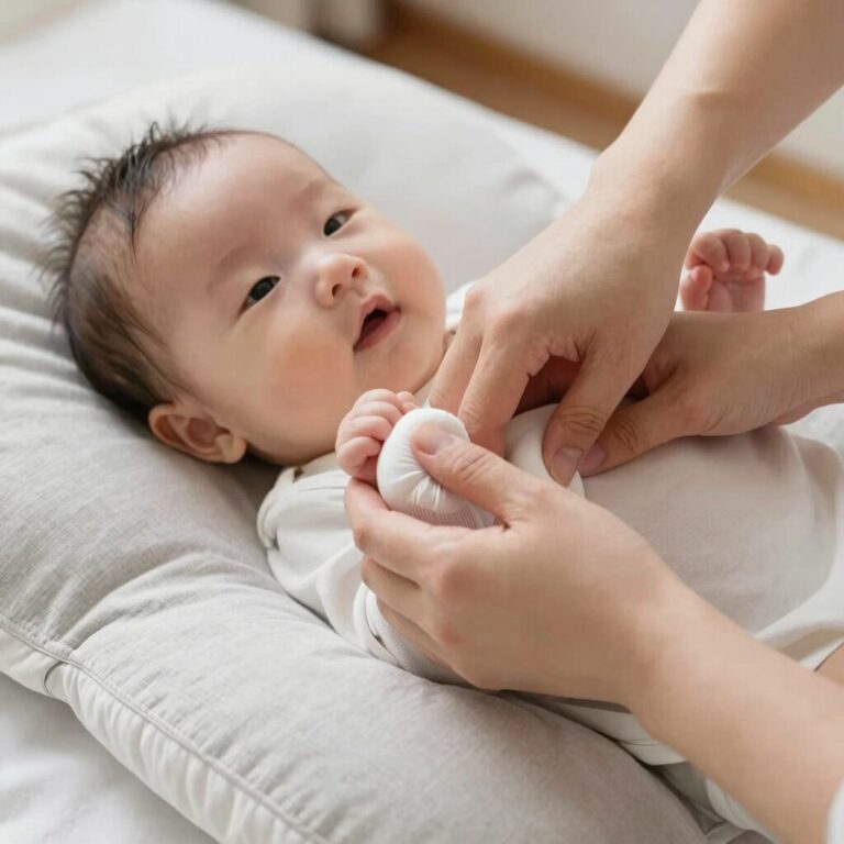 아기 볼에 베이비선쿠션을 부드럽게 펴 바르는 엄마의 손
