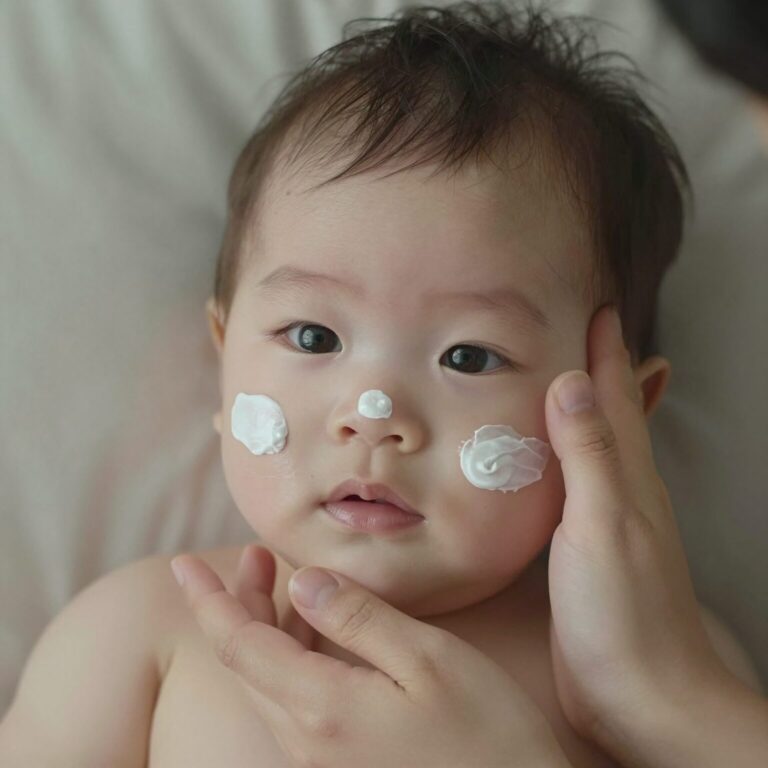 아기 얼굴에 선크림 바르는 엄마 손