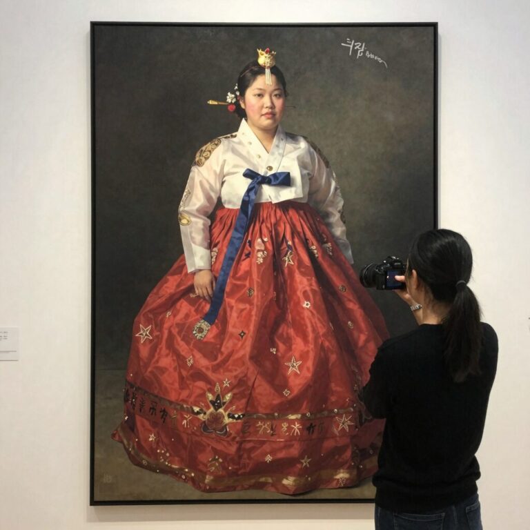 페르난도 보테로 전시 포스터 앞에서 찍은 사진으로 풍만한 인물과 화려한 색감이 돋보임