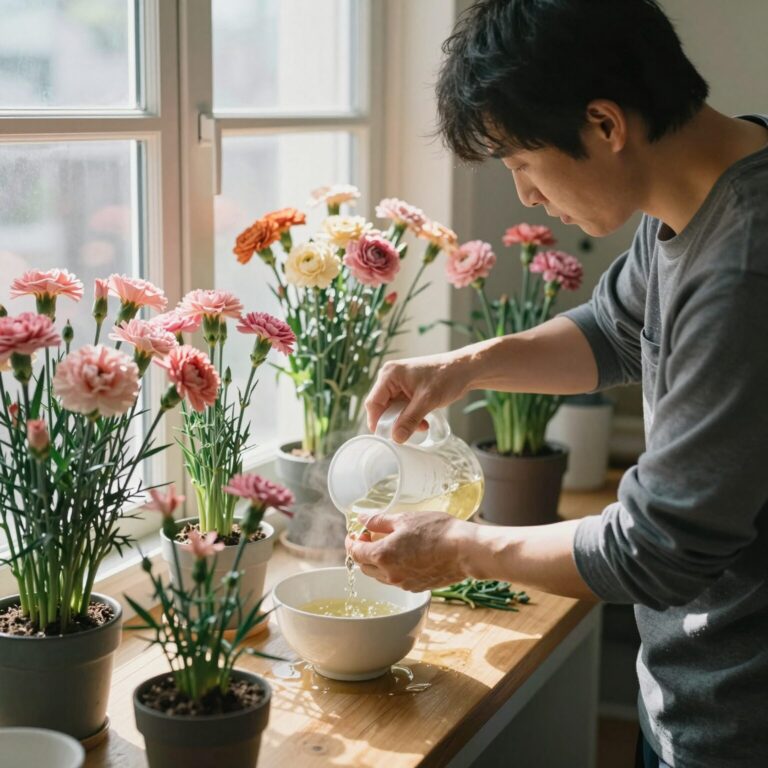 햇빛이 잘 드는 창가에 놓인 카네이션 화분 키우기 물주기 관리 모습