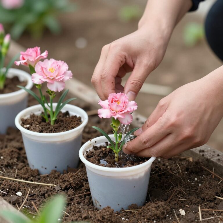 카네이션 화분에 물을 줄 때 겉흙이 마른 후 충분히 주는 모습