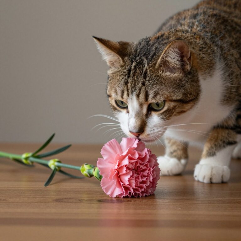 Cat sniffing carnation flower on table