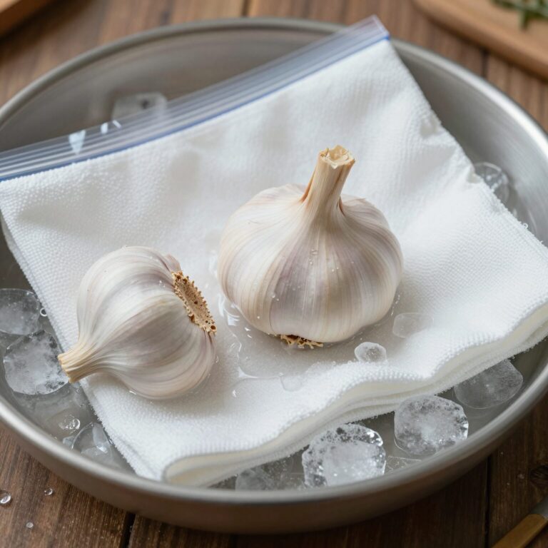 데친 마늘종을 얼음물에 식힌 후 키친타월로 물기를 제거하고 지퍼백에 소분하여 냉동 보관하는 과정