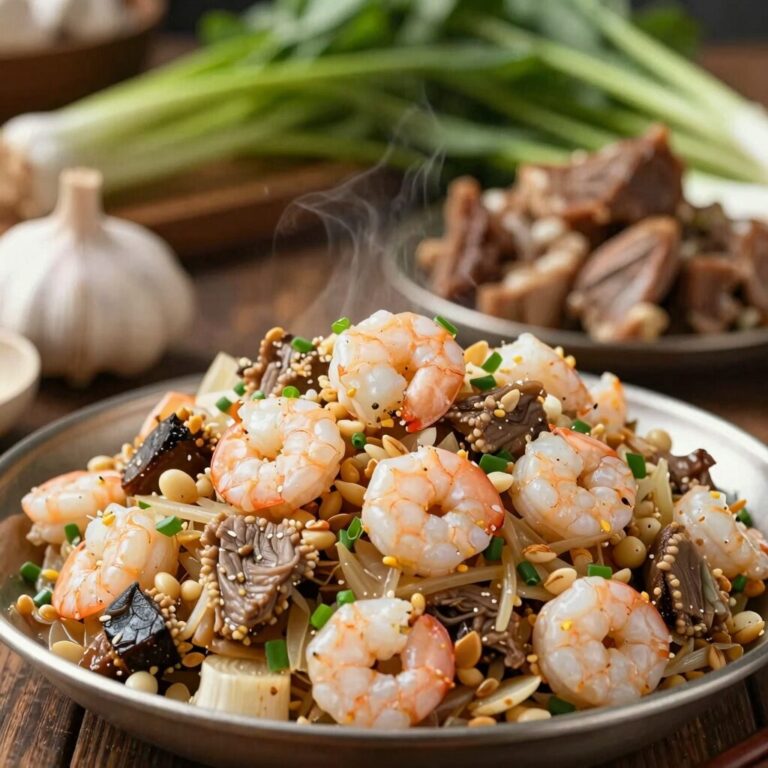 신선한 마늘종과 완성된 마늘종 볶음 3가지 돼지고기 멸치 건새우