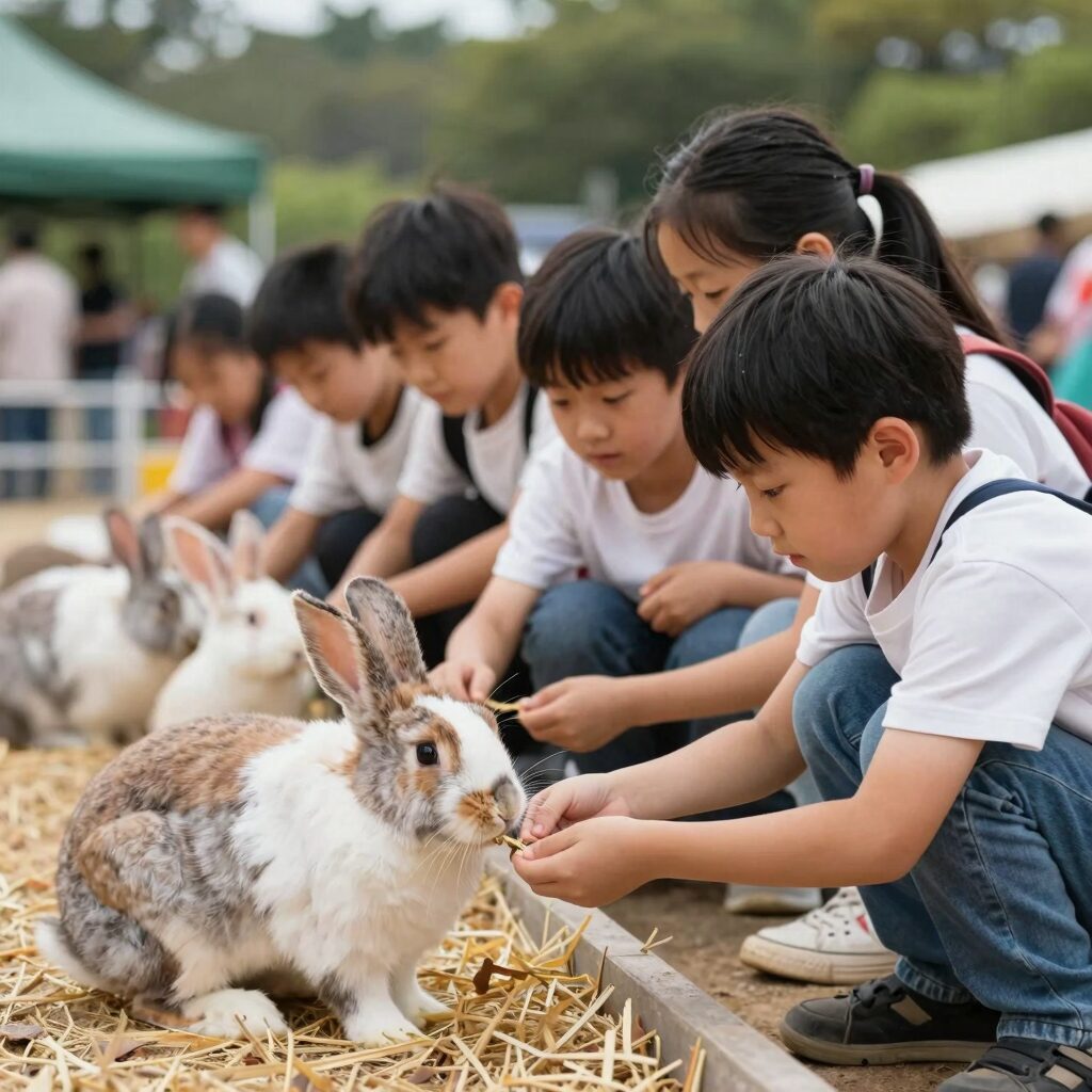 곡성 축제장 동물농장에서 아이들이 토끼에게 먹이를 주는 모습