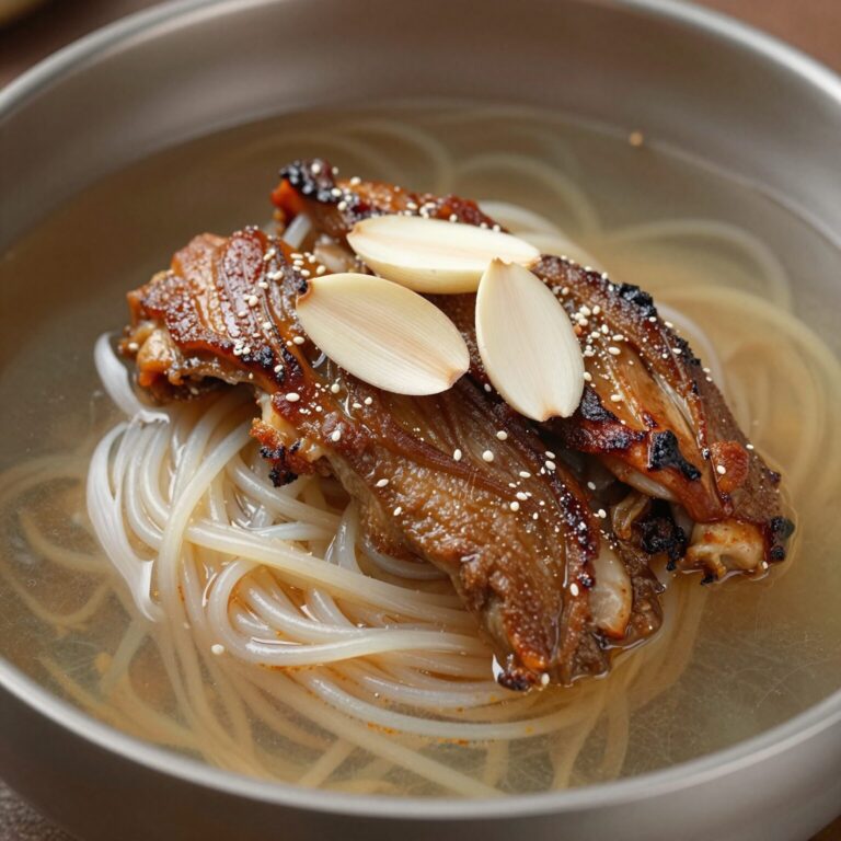 해남 명량숯불갈비에서 나온 마늘갈비와 물냉면이 함께 있는 사진