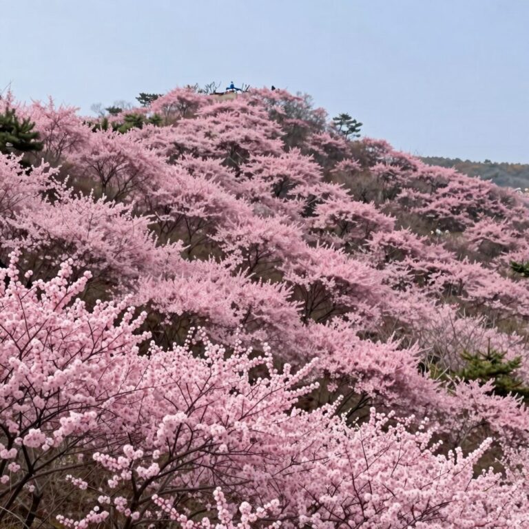 황매산 철쭉 군락지에서 바라본 핑크빛 능선 풍경, 5월 절정 시기 하늘과 어우러진 아름다운 광경