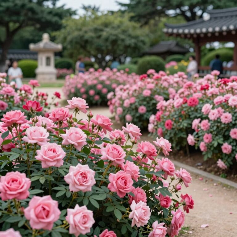 이곡 장미공원 중앙 원형 정원에 핀 분홍색 하이브리드 티 장미가 활짝 피어 있다