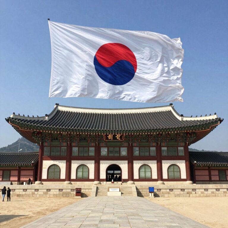 충남 천안 독립기념관 본관 전경 푸른 하늘과 태극기