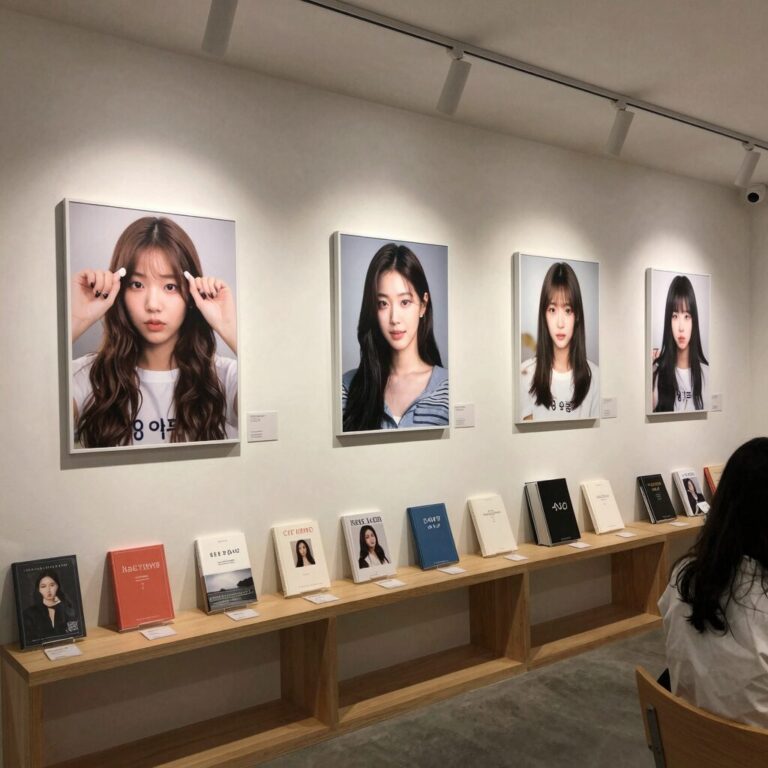 아이유 생일카페 용산점 내부 전시 모습. 도서부 컨셉으로 꾸며진 공간에 아이유 사진과 소품들이 가득하다.
