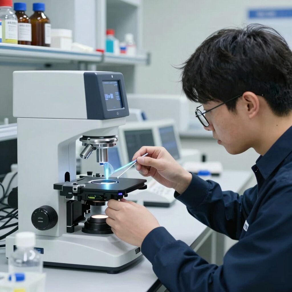 한국생명공학연구원 실험실에서 PCR 작업 중인 모습, 연구용 장비와 시약병이 보인다.