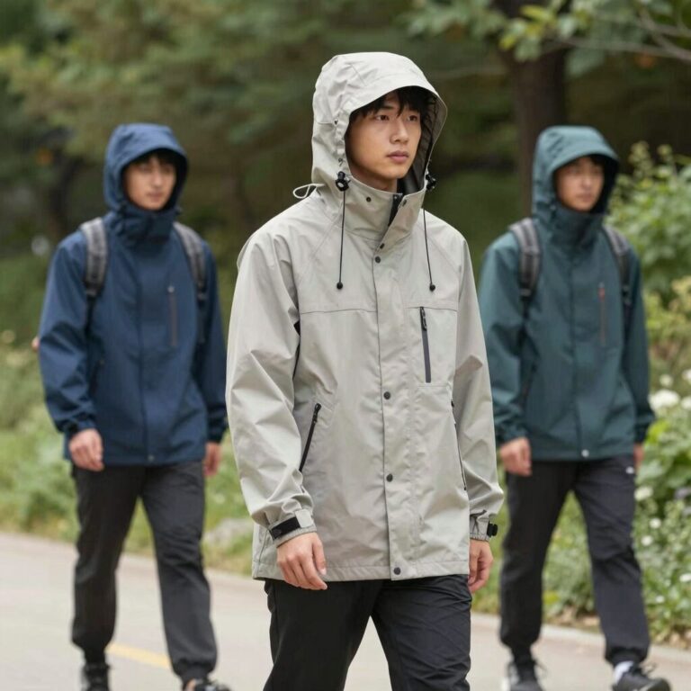 초경량 바람막이를 입고 야외에서 활동하는 모습. 다양한 색상과 핏을 확인할 수 있다.