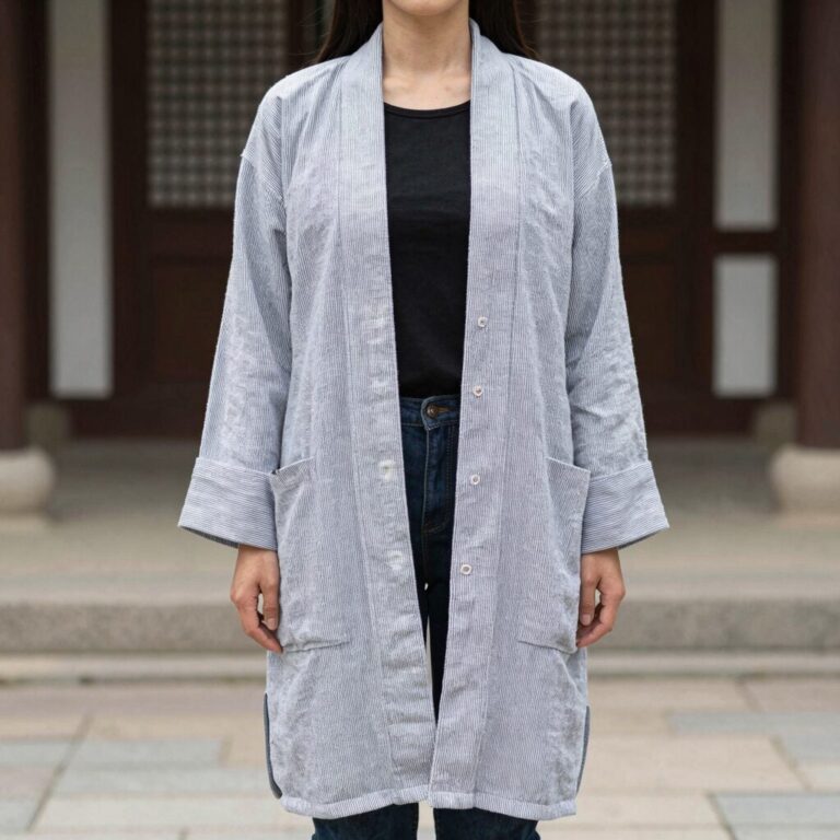 여성 린넨 롱 가디건 스트라이프 패턴 착용 모습