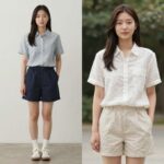 여자 린넨 셔츠 여름 스타일링 예시, 폴로 우먼 S와 보이즈 XL 착용 비교