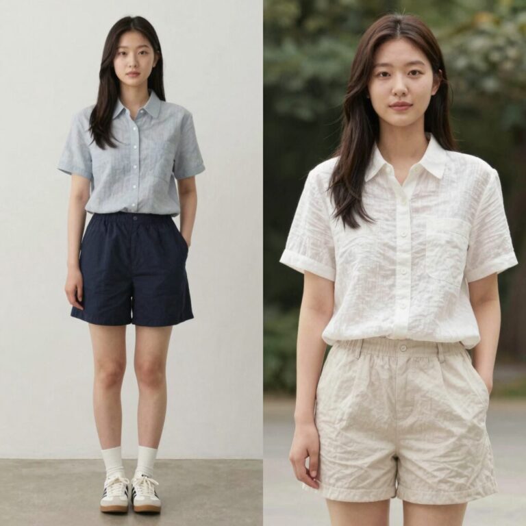 여자 린넨 셔츠 여름 스타일링 예시, 폴로 우먼 S와 보이즈 XL 착용 비교