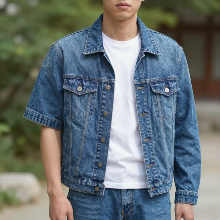 남자 여름 자켓 스타일링 예시, 지오지아 플리츠 셔츠와 데님 팬츠 코디