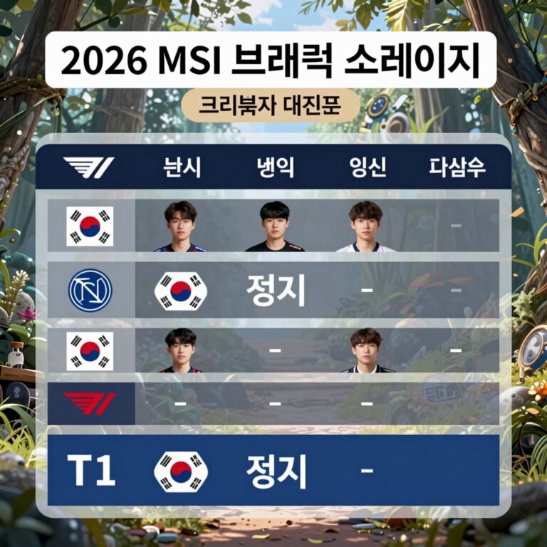 2026 MSI 브래킷 스테이지 대진표가 그려진 이미지. T1 젠지의 일정이 표시되어 있음