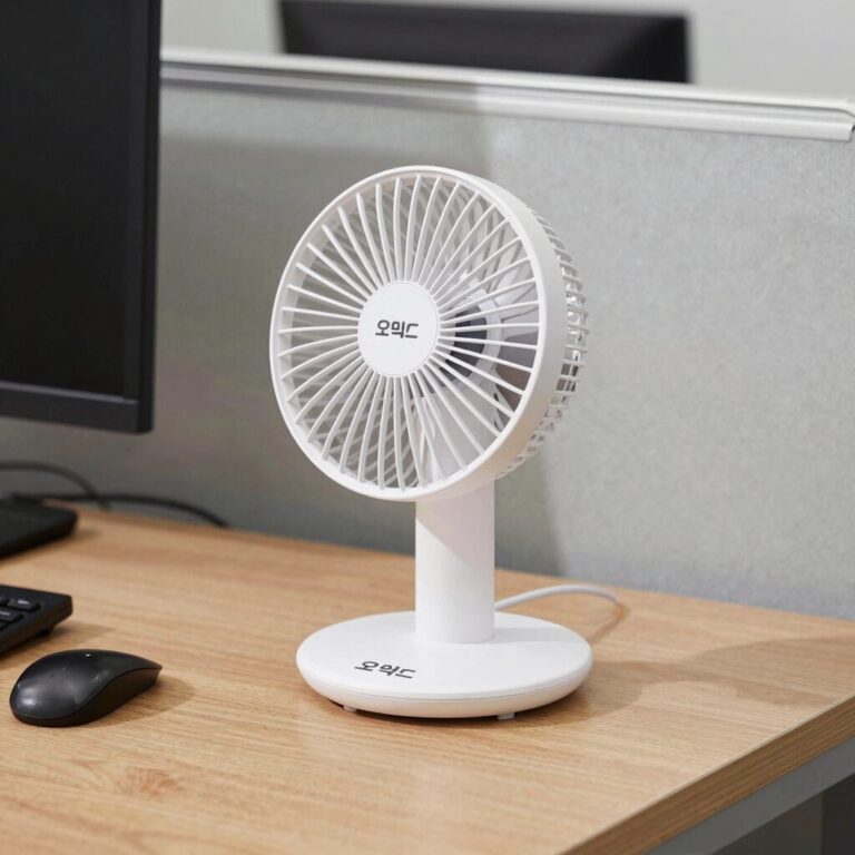 사무실 책상 위에 올려진 오믹스 무선 선풍기 100단계 풍량 조절
