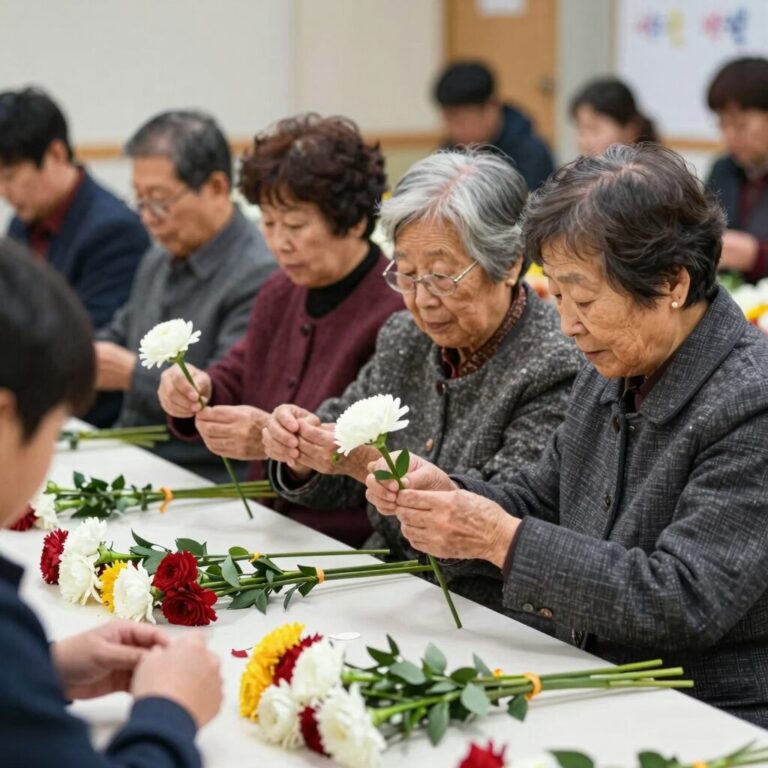 어버이날 기념행사에서 어르신들이 직접 카네이션 효자손을 만들고 있는 모습