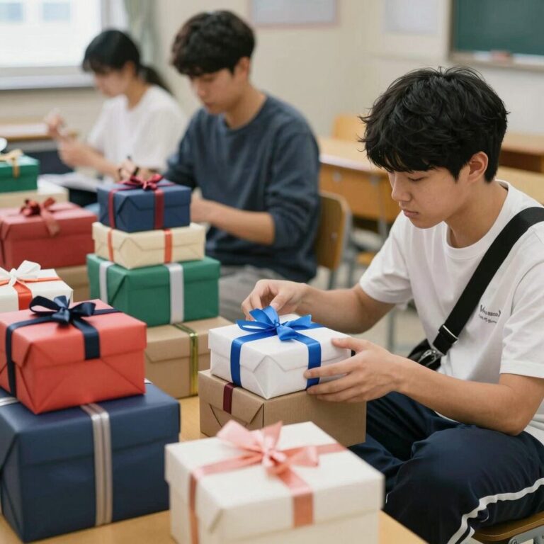 어버이날 선물 고민하는 학생과 다양한 선물 상자