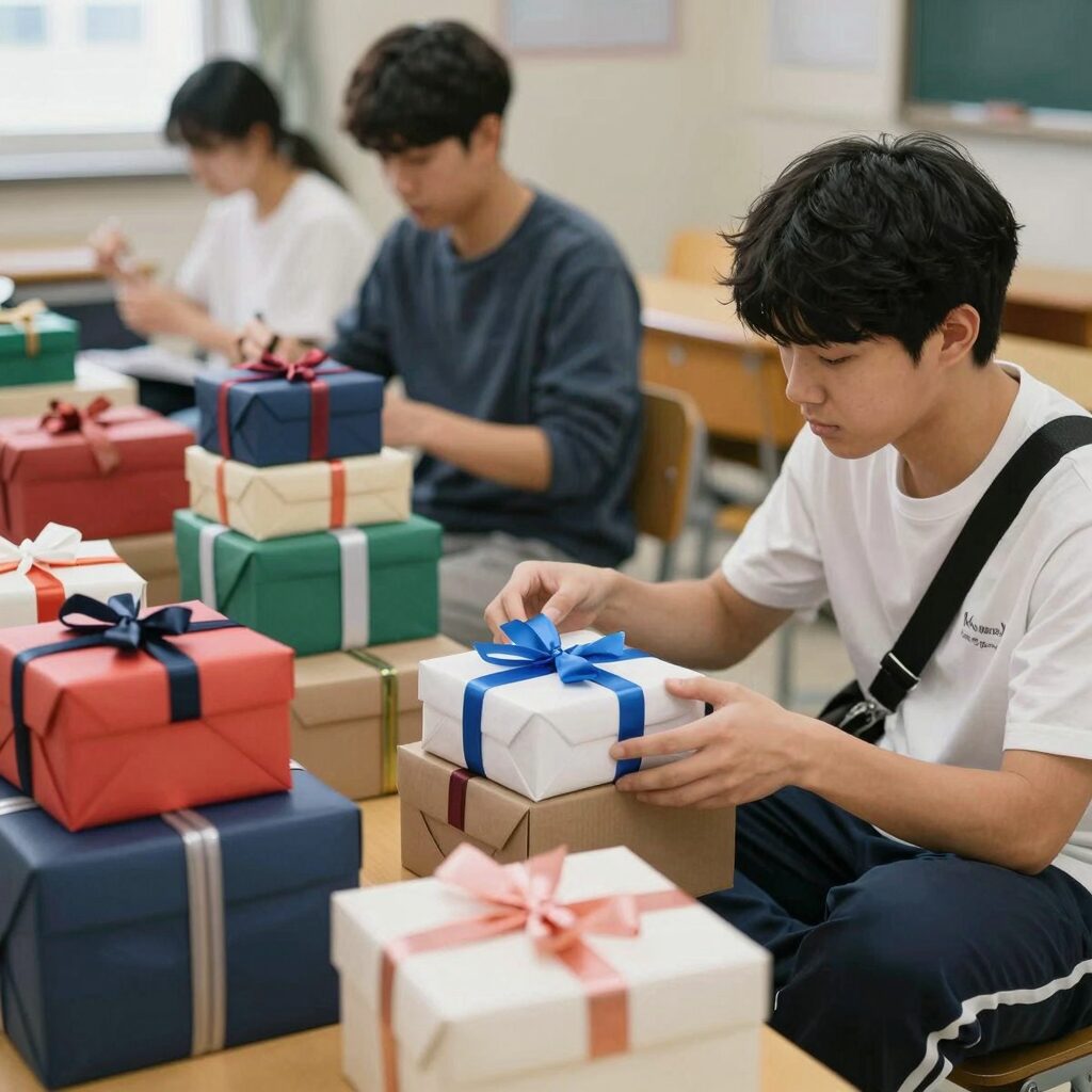 어버이날 선물 고민하는 학생과 다양한 선물 상자
