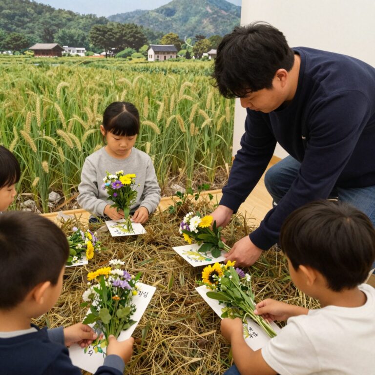어린이집 부부의 날 행사에서 아이들이 만든 대파 꽃다발 카드와 포토존 풍경