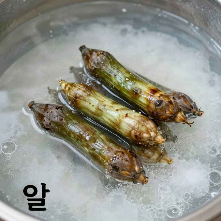 물 10 대 소금 1 비율로 끓인 소금물에 오이를 10초 데친 후 통에 담아 누름돌로 누른 모습