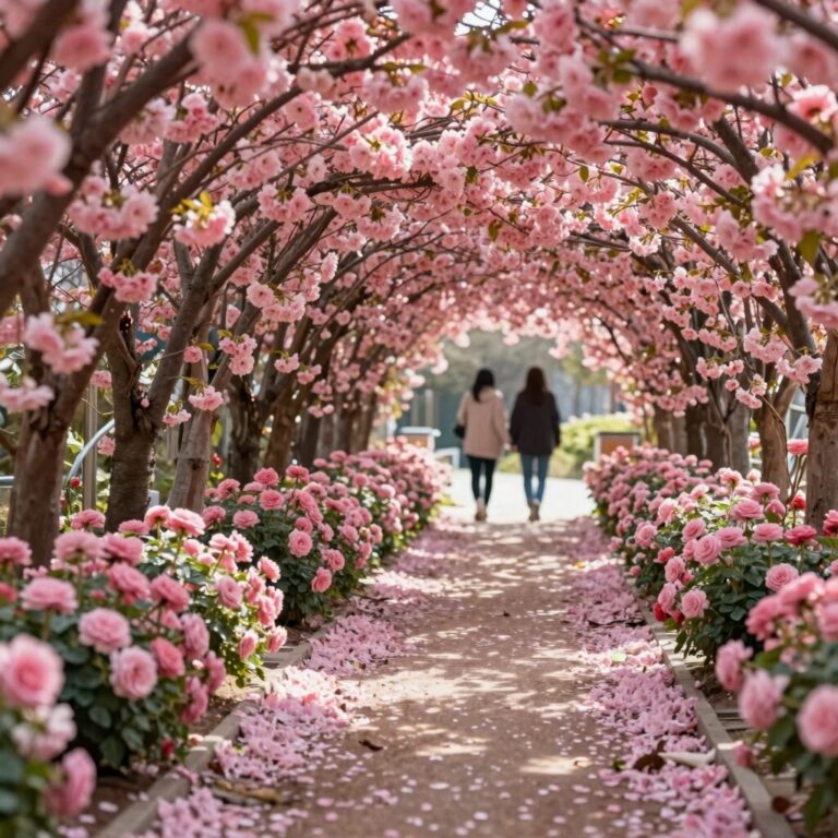 삼척 장미공원 장미 터널에서 핑크색 장미가 터널을 이루고 있는 풍경