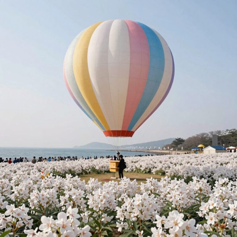 서래섬 유채꽃 축제에서 해치 에어벌룬과 한강이 어우러진 풍경