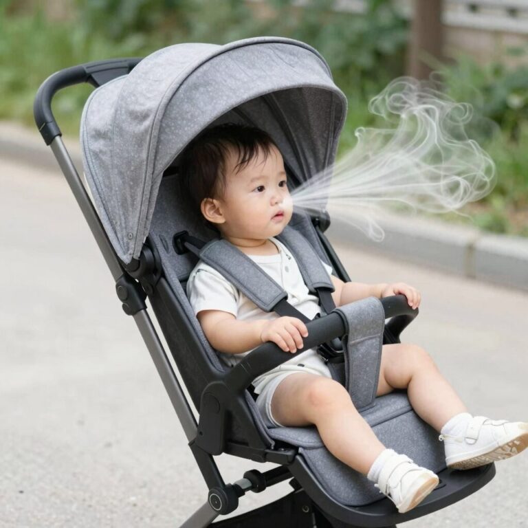 여름철 유모차에 장착된 쿨시트가 아기 등에 시원한 바람을 전달하는 모습
