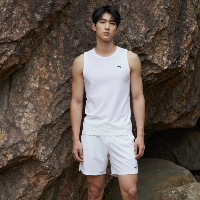여름 트레이닝복 세트 화이트 컬러 모델 착용 사진