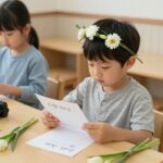 어린이집 스승의날 손편지와 카네이션 머리띠를 쓴 아이 사진
