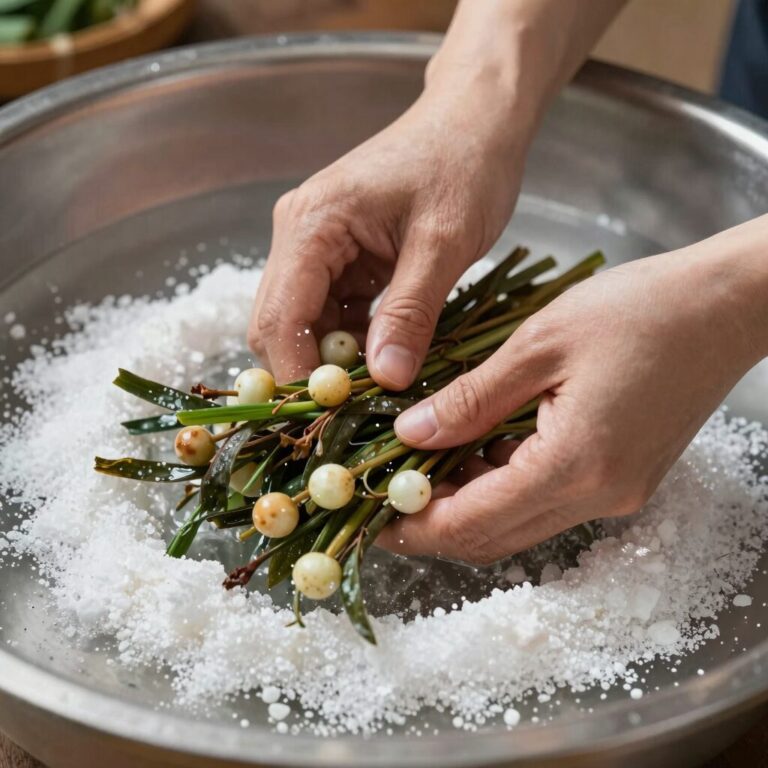 열무와 얼갈이를 소금물에 절이는 모습 신선한 재료 손질 과정