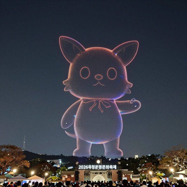 2026 유성온천문화축제 드론쇼가 밤하늘을 수놓는 모습, 1500대 드론이 형성한 유성이 마스코트 문양