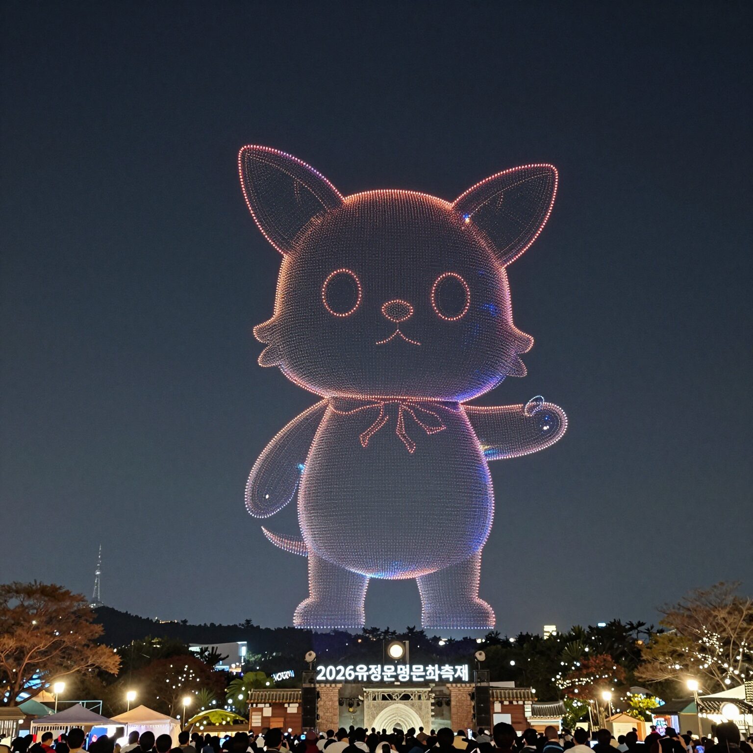 2026 유성온천문화축제 드론쇼가 밤하늘을 수놓는 모습, 1500대 드론이 형성한 유성이 마스코트 문양