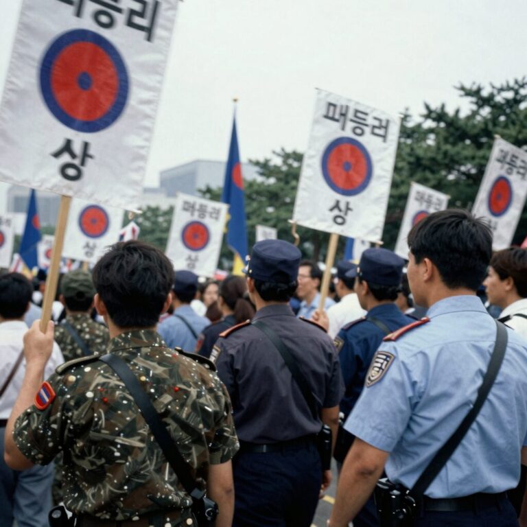1987년 6월 10일 서울 명동에서 시민들이 민주주의를 외치는 모습. 경찰과 대치 중인 군중 속에서 피켓과 태극기가 보인다.