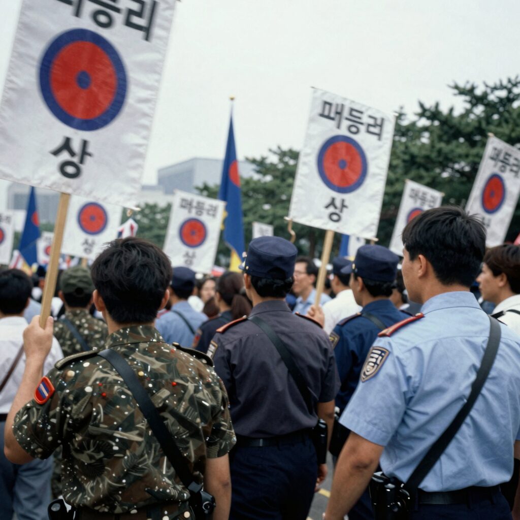 1987년 6월 10일 서울 명동에서 시민들이 민주주의를 외치는 모습. 경찰과 대치 중인 군중 속에서 피켓과 태극기가 보인다.