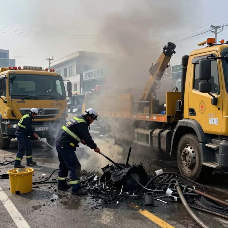 안산 성곡동 화재 후 복구 작업 모습, 전문 장비로 그을음을 제거하는 과정