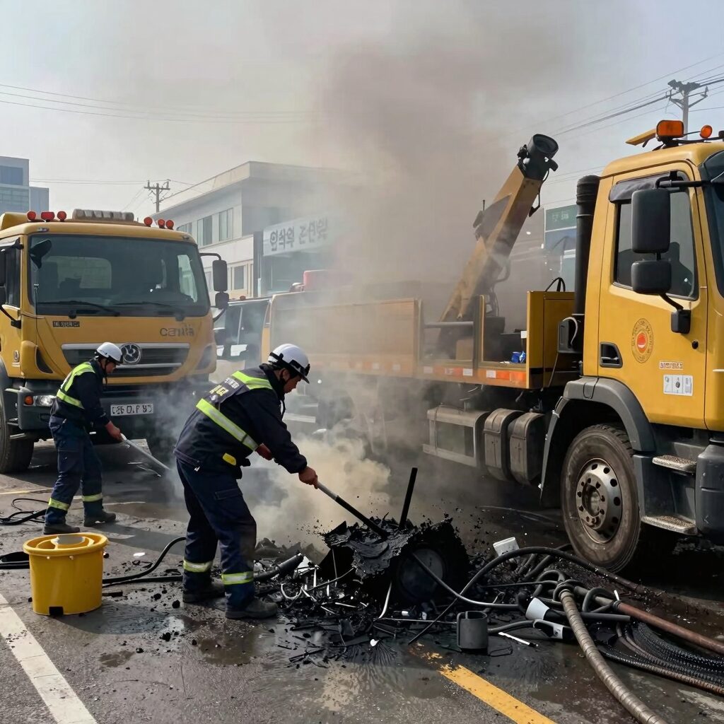안산 성곡동 화재 후 복구 작업 모습, 전문 장비로 그을음을 제거하는 과정