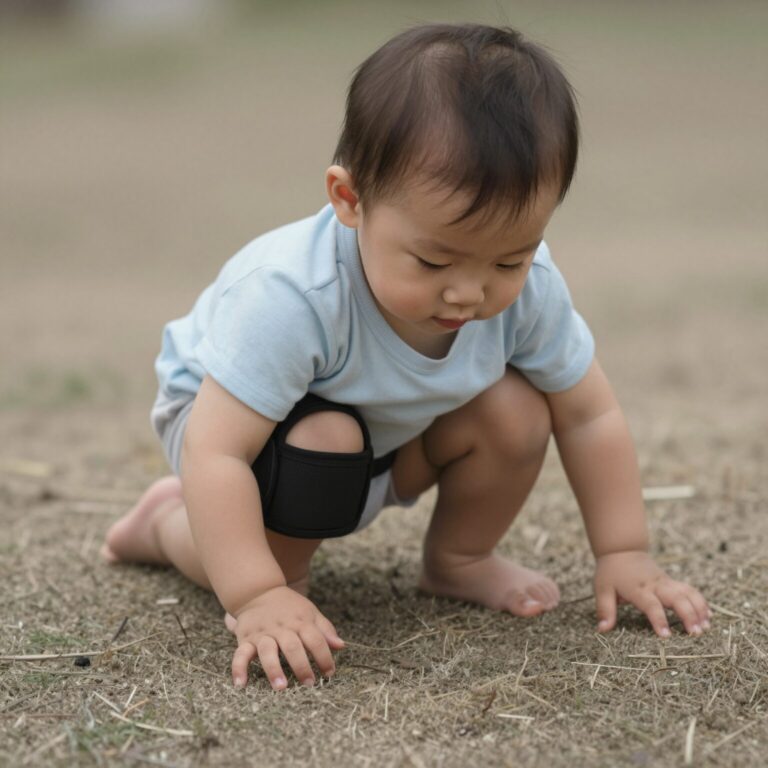 아기가 무릎 보호대를 착용하고 기어다니는 모습