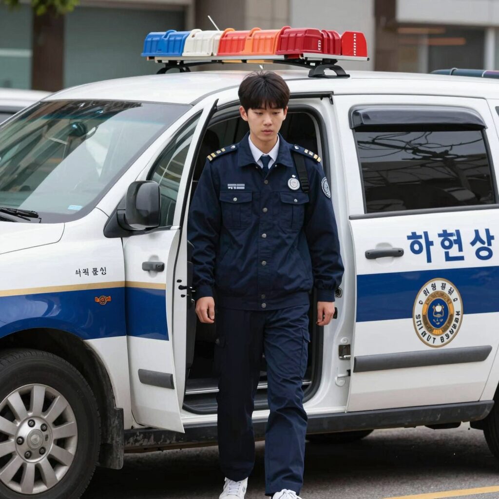 부산고등학교 학생 하현승 구속 현장 모습, 경찰차에 탑승하는 장면
