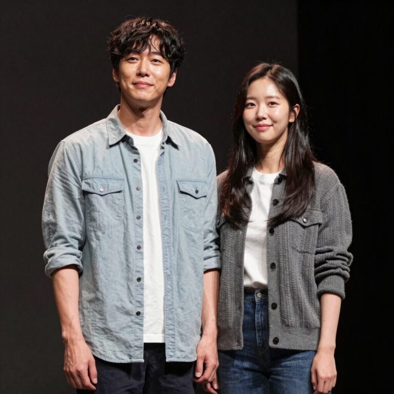 배우 진선규 아내 박보경이 미소 지으며 카메라를 바라보고 있는 사진. 그녀는 뮤지컬 배우로서 무대 위에서의 모습과 대비되는 편안한 일상복을 입고 있다.