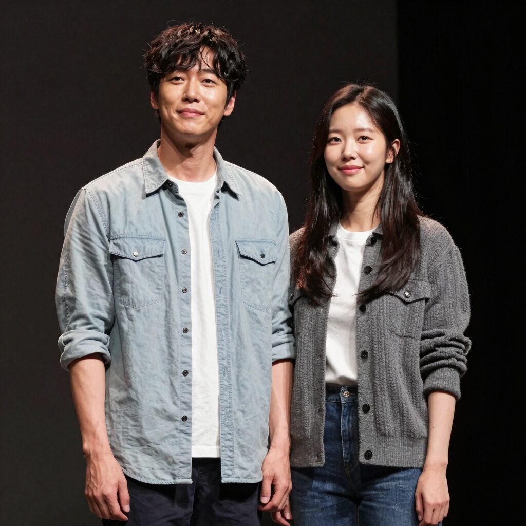 배우 진선규 아내 박보경이 미소 지으며 카메라를 바라보고 있는 사진. 그녀는 뮤지컬 배우로서 무대 위에서의 모습과 대비되는 편안한 일상복을 입고 있다.