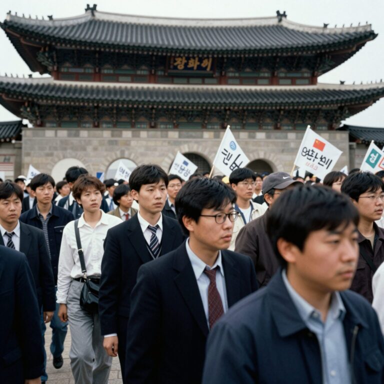 1987년 6월 10일 서울 광화문 일대에서 시민들이 민주화를 요구하며 평화 행진을 하는 모습