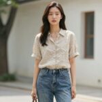 여름에 어울리는 여성 린넨 블라우스 코디 예시, 모델이 밝은 베이지색 린넨 블라우스를 입고 데님 팬츠를 매치한 모습